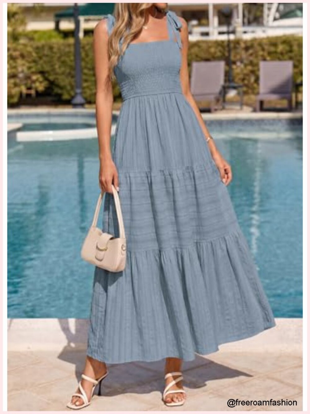 Smocked Boho Maxi Dress Tie Shoulder Sleeveless A-Line Beach Sundress - Picture 3 of 6